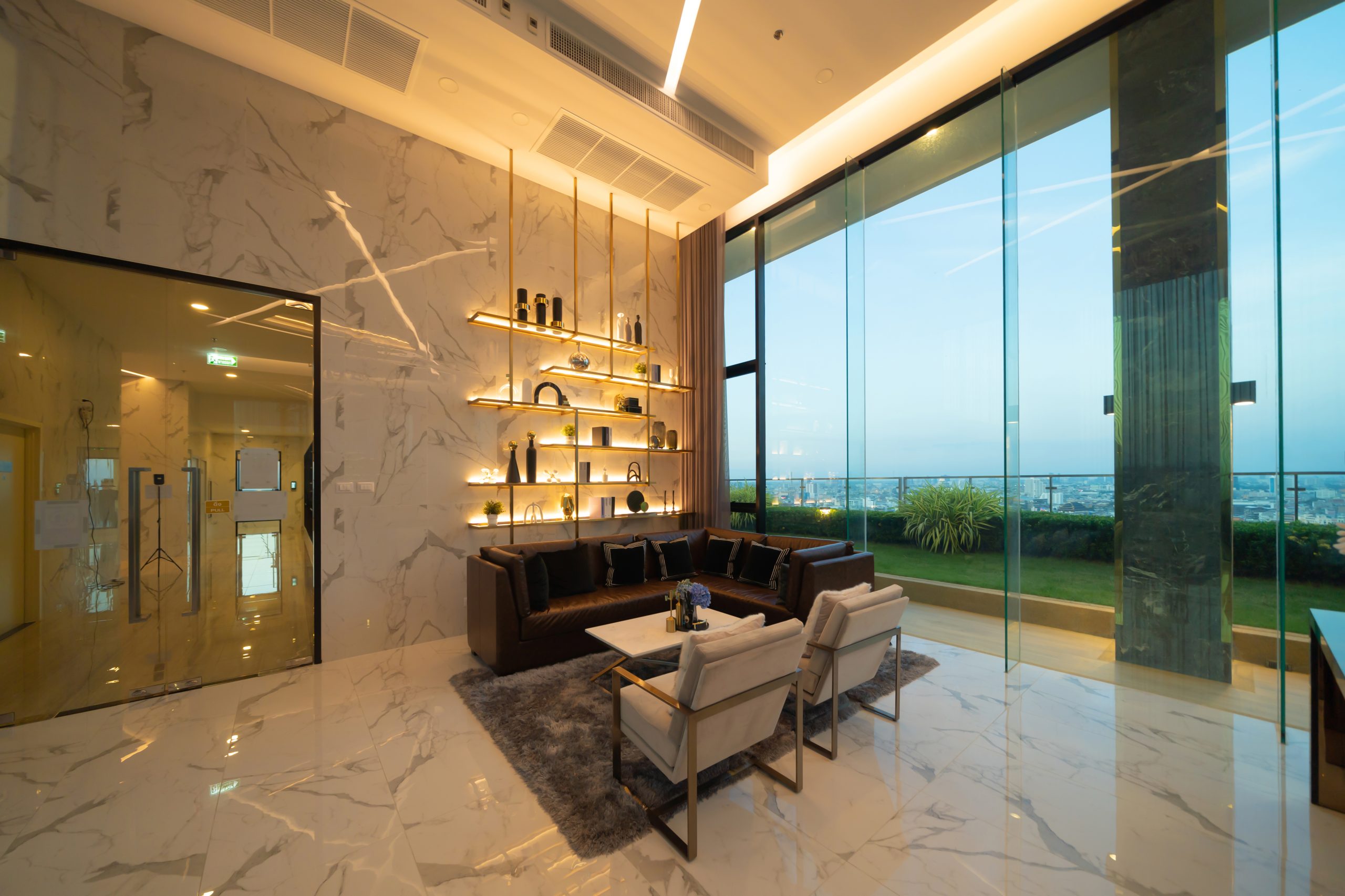 Inside of modern hotel lobby, entrance and reception, interior architecture design decoration, waiting area with urban city view of outdoor, indoor.